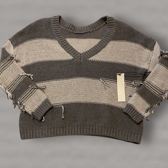 Anthropologie | Cashmere grey stripe distressed v-neck sweater NWT size XS - Picture 5 of 10
